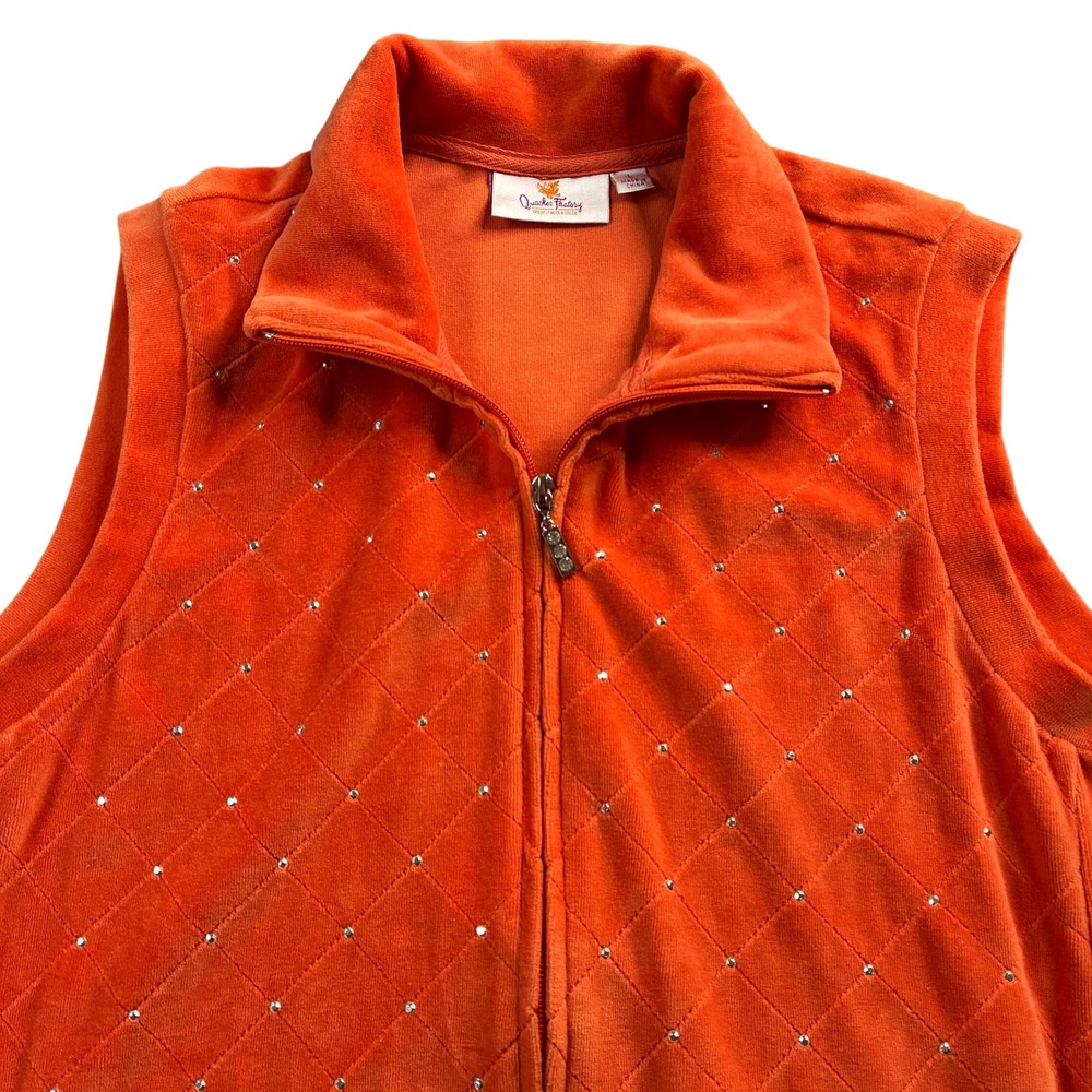 Quaker Factory Orange Velour Quilted Rhinestone Zip Up Vest Women's‎ Large